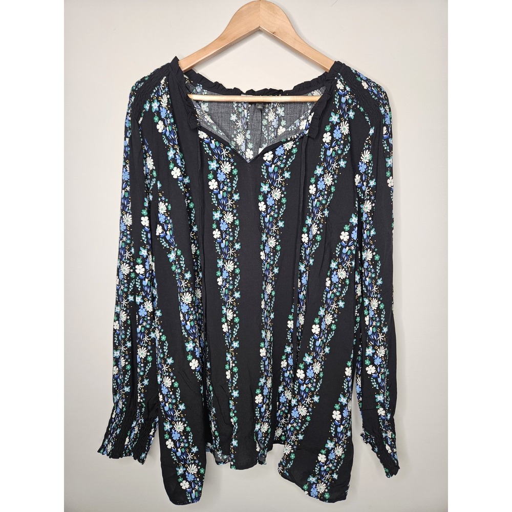 Talbots Blouse 3X Black Floral Peasant Puff Smocked Boho Tassels Feminine Flowy - Picture 2 of 12